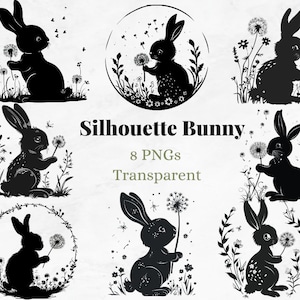 Silhouette Bunny Clipart, Black and White Illustration, Dandelion Rabbit Drawing, Spring Easter Graphic, Wild Flower Art, Digital Download