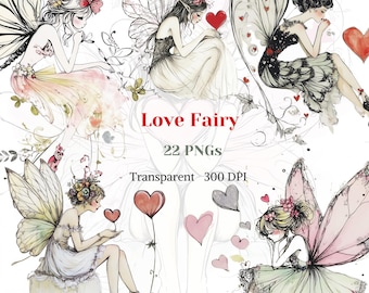 Könnte beinhalten: Ein Set mit 22 digitalen Illustrationen von Feen mit Flügeln und Herzen. Die Feen sind in Aquarell-Stil mit zarten Details gezeichnet. Die Bilder sind transparent und 300 DPI.