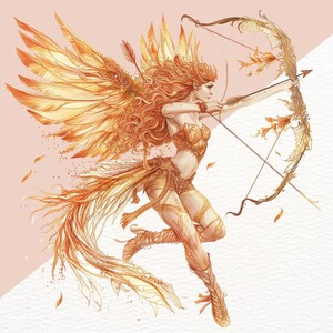 K&ouml;nnte beinhalten: Eine stilisierte Illustration einer goldenen gefl&uuml;gelten Figur mit wallendem Haar, die einen Bogen und Pfeil h&auml;lt. Die Figur ist vor einem rosa und wei&szlig;en Hintergrund platziert.