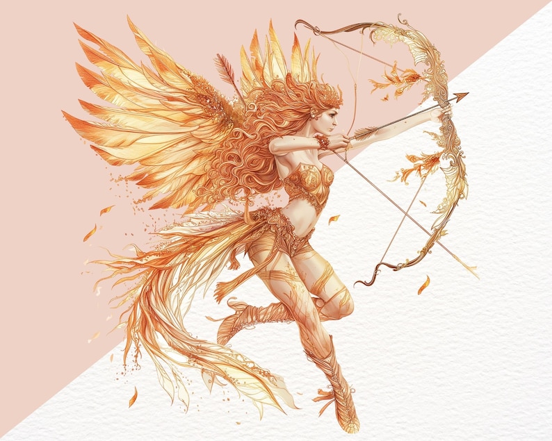 K&ouml;nnte beinhalten: Eine stilisierte Illustration einer goldenen gefl&uuml;gelten Figur mit wallendem Haar, die einen Bogen und Pfeil h&auml;lt. Die Figur ist vor einem rosa und wei&szlig;en Hintergrund platziert.