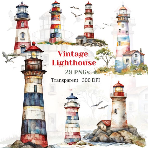 Vintage Lighthouse Clipart, Watercolor Patchwork Lighthouse PNG, Retro Nautical Graphic, Sea Ocean Image,  Lighthouse Art, Digital Download