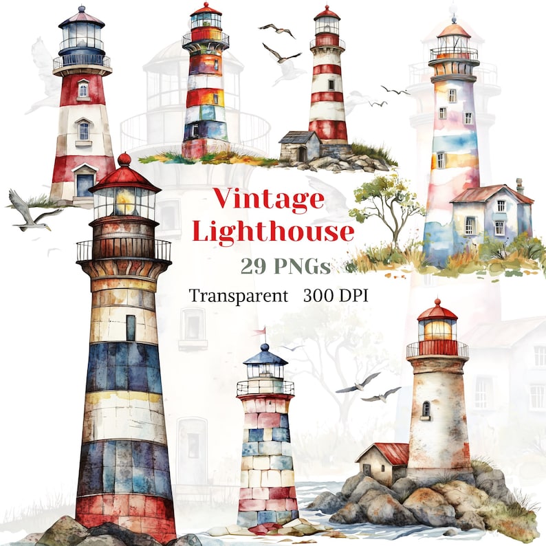 May include: Watercolor illustrations of vintage lighthouses in various designs. The lighthouses feature red, white, blue, and other colorful stripes and patterns. The image includes the text "Vintage Lighthouse" and other details.