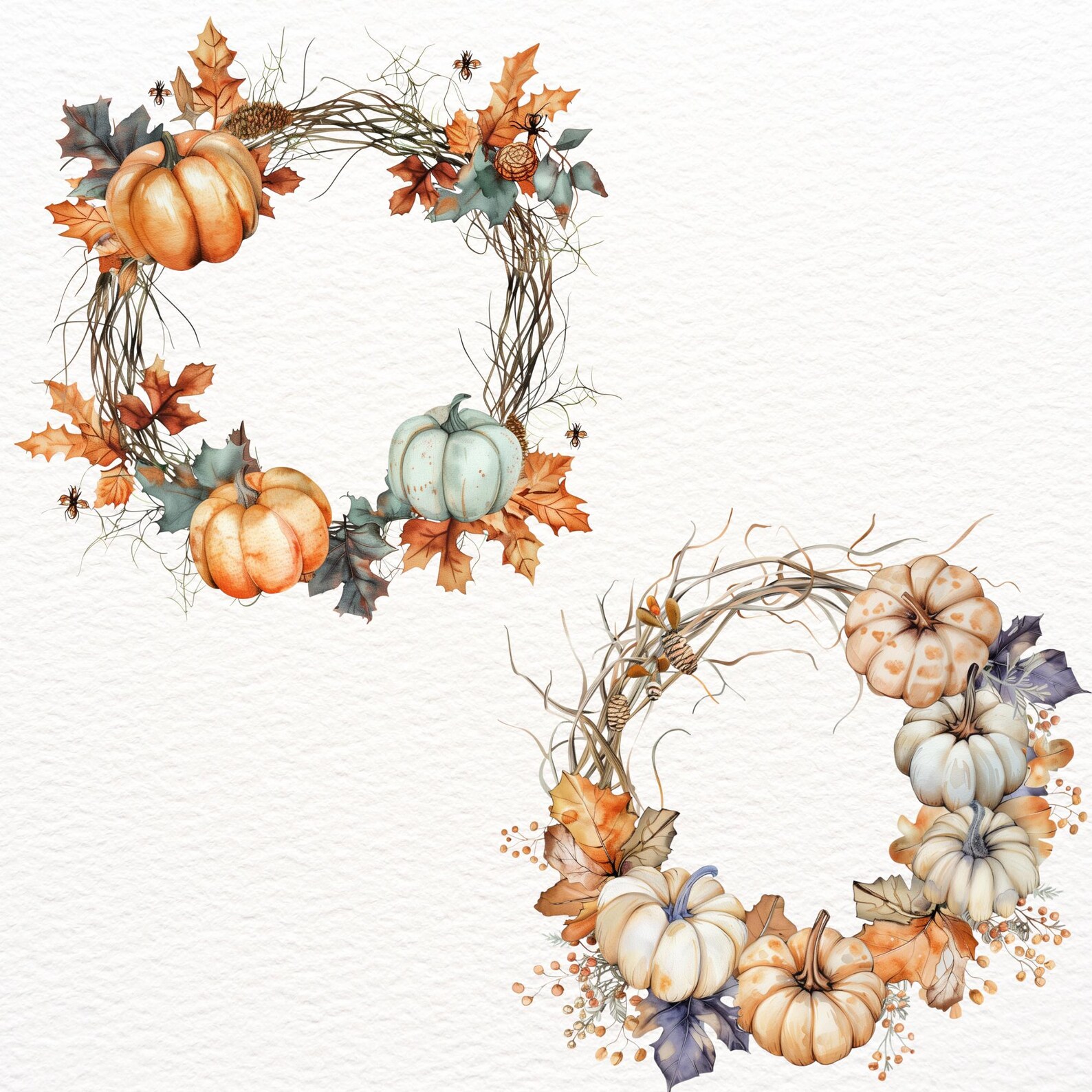 Autumn Wreath Clipart, Watercolor Halloween Pumpkin Deco PNG, Fall ...