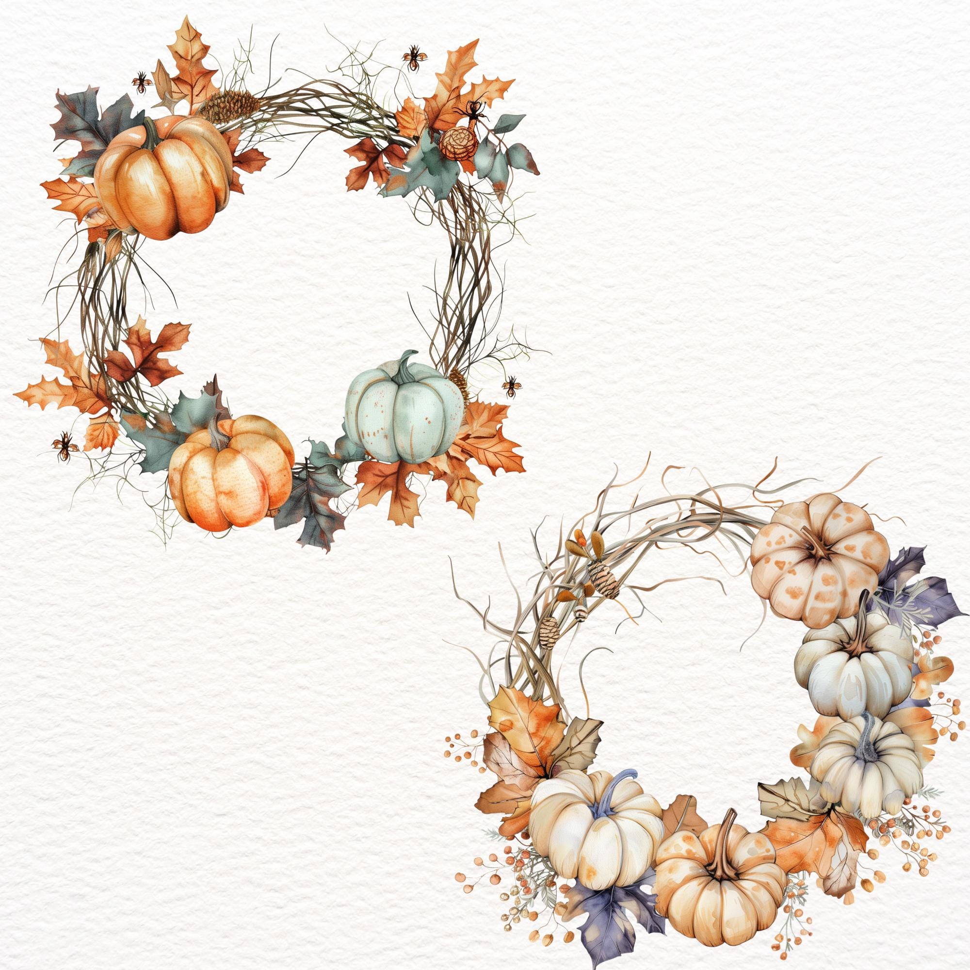 Autumn Wreath Clipart, Watercolor Halloween Pumpkin Deco PNG, Fall ...