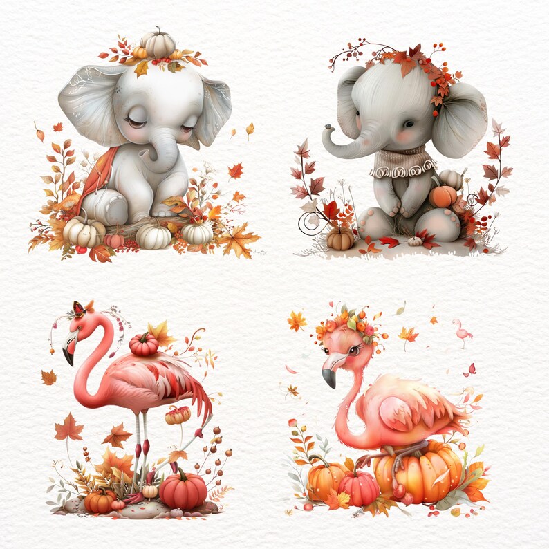 Pu&ograve; includere: Quattro illustrazioni digitali con temi autunnali. Un elefante bianco con una corona di foglie e zucche, un elefante bianco con una corona di foglie e un maglione rosso, un fenicottero rosa con una corona di foglie e zucche, e un fenicottero rosa con una corona di foglie e zucche.