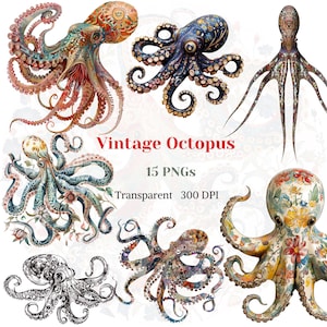 ClipArt di polpo vintage, grafica di polpo oceanico, disegno rustico di animali delle profondità marine, immagine boho altamente dettagliata, diario spazzatura, download digitale