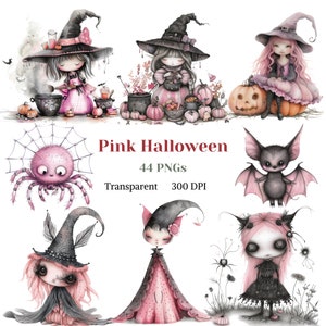 May include: A set of 44 digital illustrations featuring pink and black Halloween characters. The illustrations include witches, bats, spiders, and pumpkins. The illustrations are in a cute and whimsical style.  Pink Halloween 44 PNGs Transparent 300 DPI