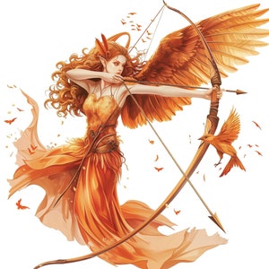 K&ouml;nnte beinhalten: Eine Frau mit orangefarbenen Fl&uuml;geln und Haaren h&auml;lt einen Bogen und einen Pfeil. Sie tr&auml;gt ein flie&szlig;endes orangefarbenes Kleid und hat einen Vogel auf dem Bogen sitzen. Der Hintergrund ist wei&szlig;.