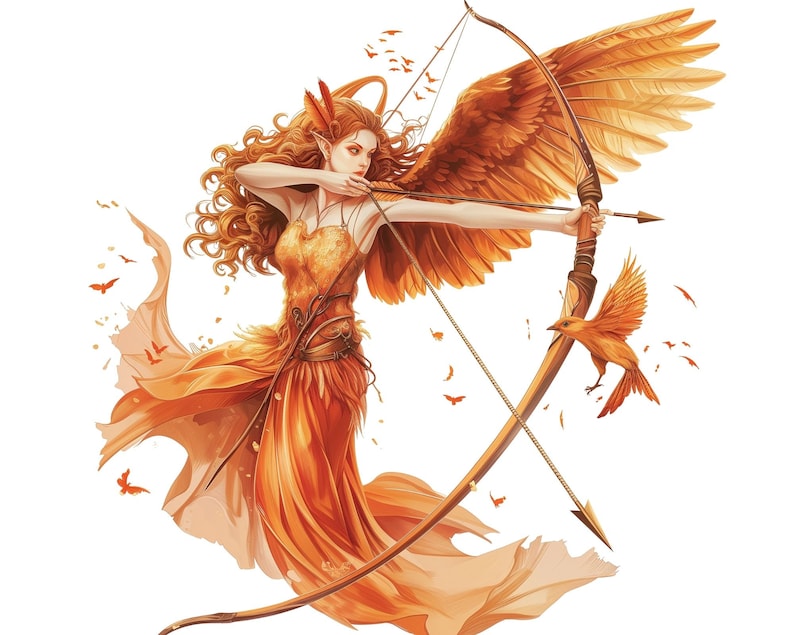 K&ouml;nnte beinhalten: Eine Frau mit orangefarbenen Fl&uuml;geln und Haaren h&auml;lt einen Bogen und einen Pfeil. Sie tr&auml;gt ein flie&szlig;endes orangefarbenes Kleid und hat einen Vogel auf dem Bogen sitzen. Der Hintergrund ist wei&szlig;.