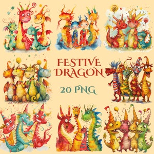 Clip Art de dragón festivo, acuarela, dragones divertidos, dragón lindo, dragón de fiesta, dragón juguetón, dragón de año nuevo lunar, dragón colorido, rojo