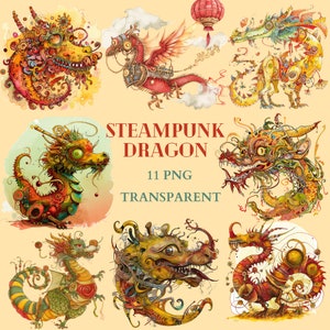 Steampunk Dragon Clipart, Dragon Drawing, Cool, Modern Design, Special, Mechanical look Art, Rouge, Jaune, Lanterne, Dragon du Nouvel An chinois