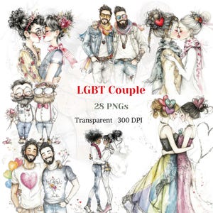 LGBT Couple Clipart Transparent PNG Valentine's Couple Image Watercolor Loving Partners Graphic Les Gay Art Valentines Digital Download Card