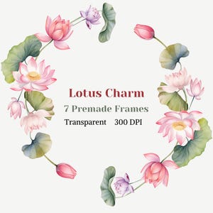 Lotus Charm Frame Clipart, Water Lily Wreath Image, Pink Lotus Graphic, Wedding Flower PNG, Watercolor DIY Element Image, Floral Arrangement
