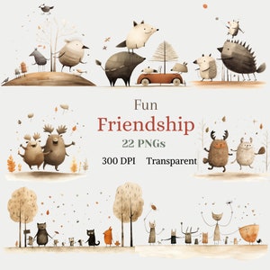 Imágenes prediseñadas de amistad divertidas, imagen divertida de mejor amigo, PNG de animal extravagante y caprichoso, arte de amigos jugando, gráfico de alegría para niños, descarga digital