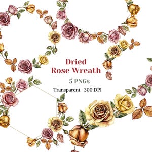 Clipart de couronne de rose séchée, graphique de cadre de rose vintage, image de couronne botanique d’automne aquarelle, arrangement floral rustique PNG, art numérique