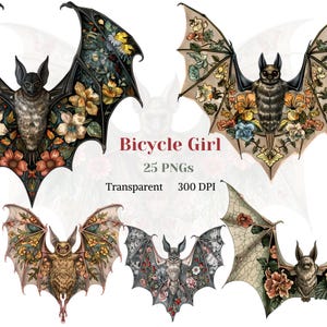 Vintage Bat Clip Art, Whimsical Bat PNG, Black Bat Art, Wing Fantasy Graphic, Rustic Floral Bat Image, Dark Night Animal, Digital Download