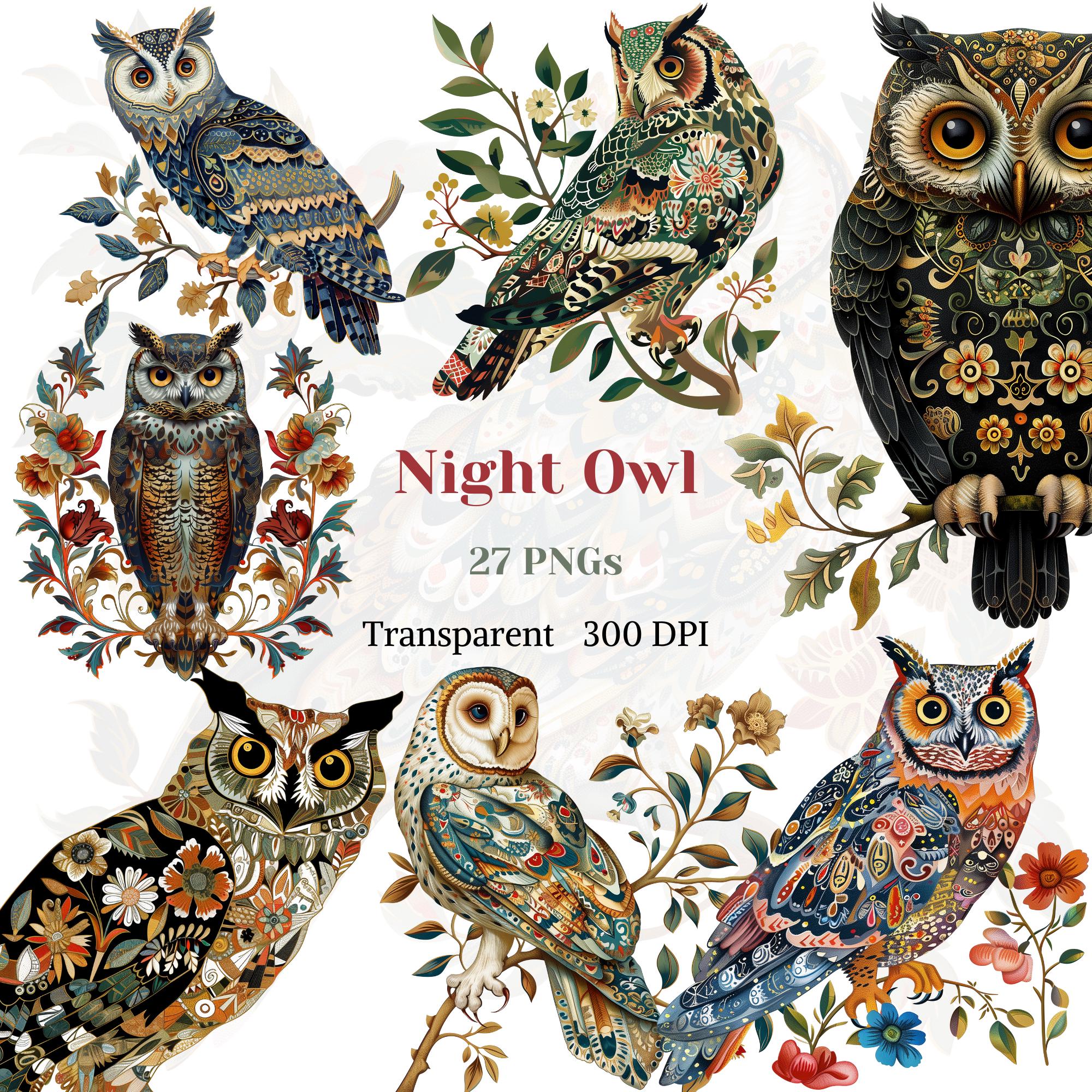 Night Owl ClipArt, Whimsical Owl PNG, Vintage Bird Art, Wing Fantasy Graphic, Rustic Floral Owl Imag