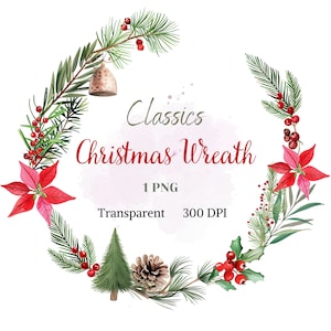 Corona de Navidad clásica acuarela corona de invierno PNG Noel Clipart imagen festiva dibujo botánico campana ornamento disposición neutral