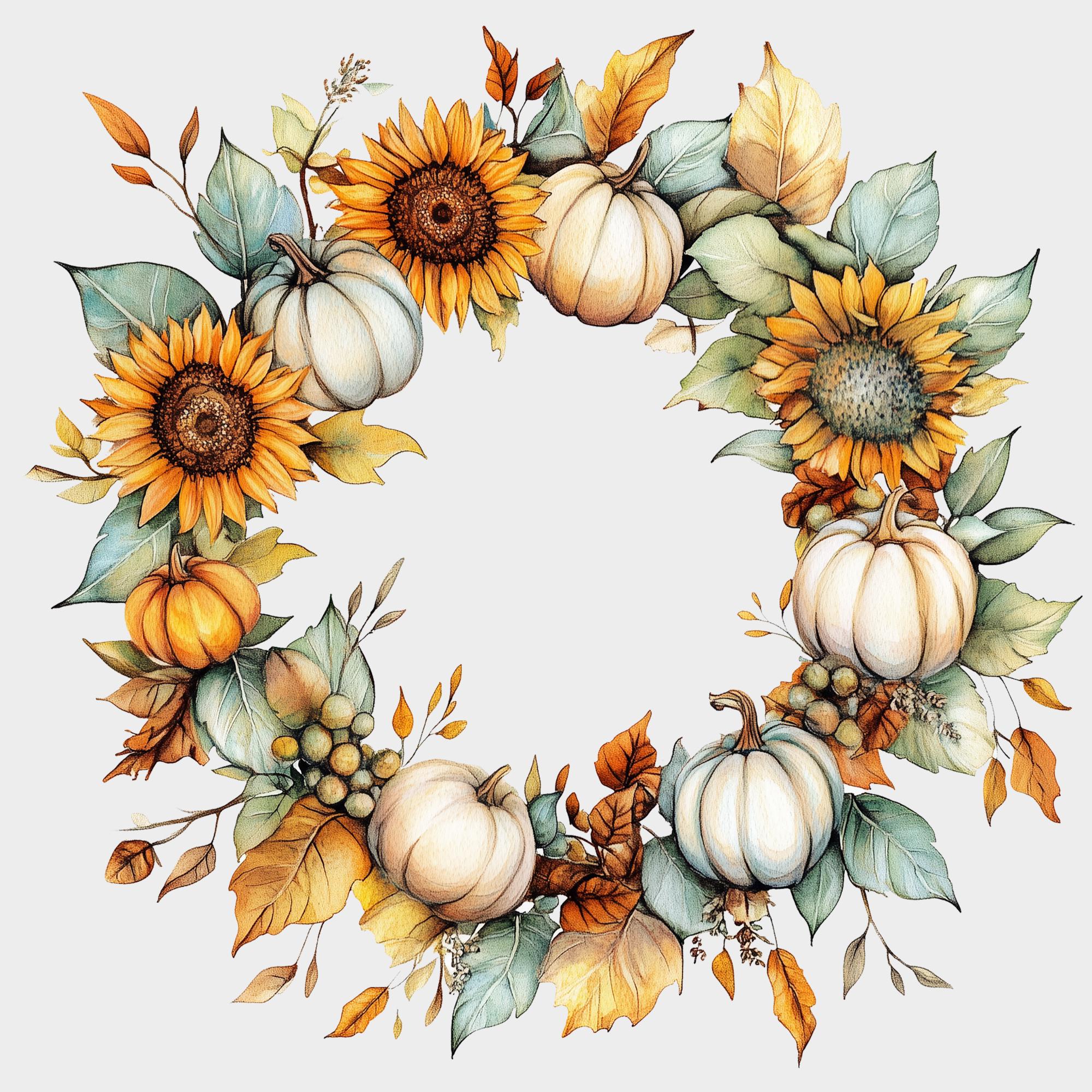 Autumn Wreath Clipart, Watercolor Halloween Pumpkin Deco PNG, Fall ...