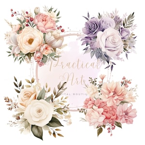 37 Clipart di fiori nuziali ad acquerello: delicate rose nuziali, elemento angolare trasparente. Ad alta risoluzione, perfetto per gli inviti di nozze.