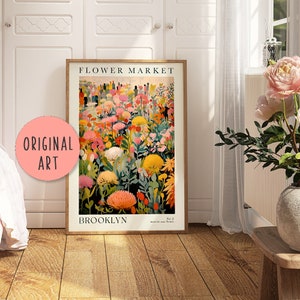 Custom Flower Market Print Wall Art, Botanical Wall Art Flower Market Poster, Cottage Floral Wall Art Eclectic Art Original Poster Pink