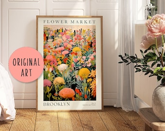 Custom Flower Market Print Wall Art, Botanical Wall Art Flower Market Poster, Cottage Floral Wall Art Eclectic Art Original Poster Pink