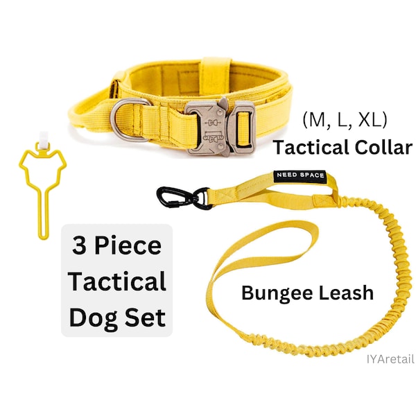 Yellow Tactical Dog Collar Bundle: Designed for high-energy M to XL dogs who need space. Strong metal clasps, durable bungee leash.