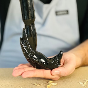 May include: A black metal hook with a bird-like design. The hook is held in a person's hand.