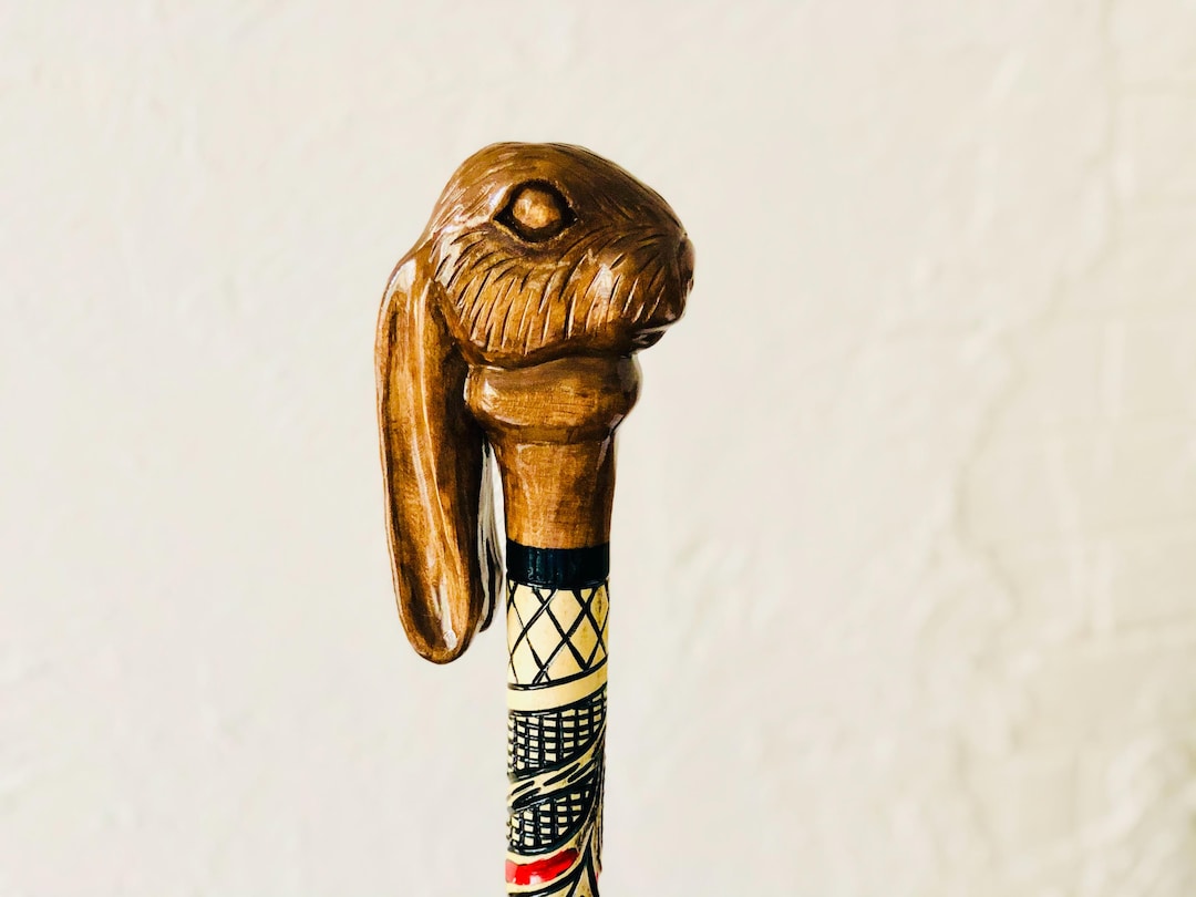 Hand Carved Rabbit Walking Cane – Wooden Bunny Handle Cane – Handmade ...