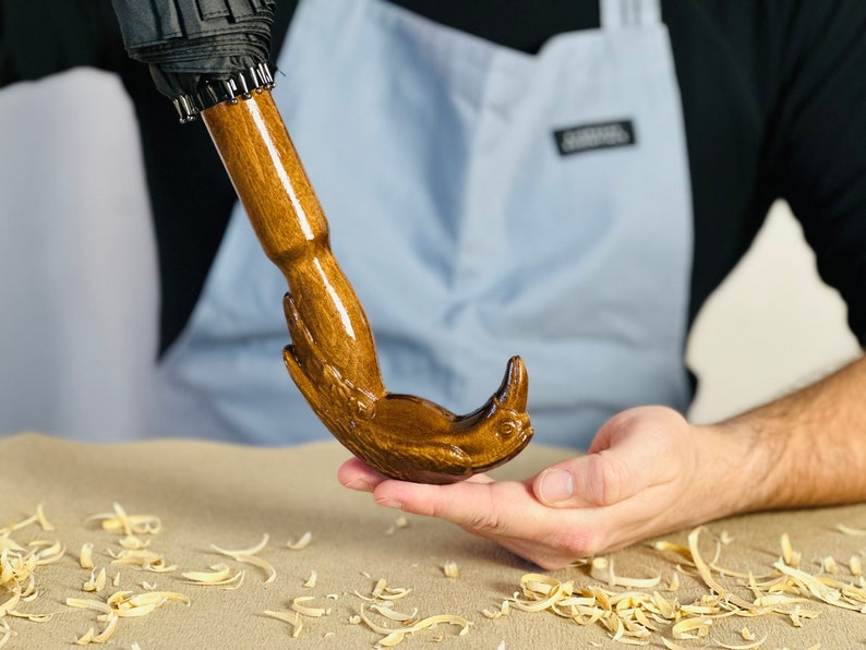 May include: A wooden umbrella handle carved in the shape of a bird's head. The handle is brown and has a glossy finish. The bird's head is facing to the right and has a long beak. The handle is being held by a person's hand.