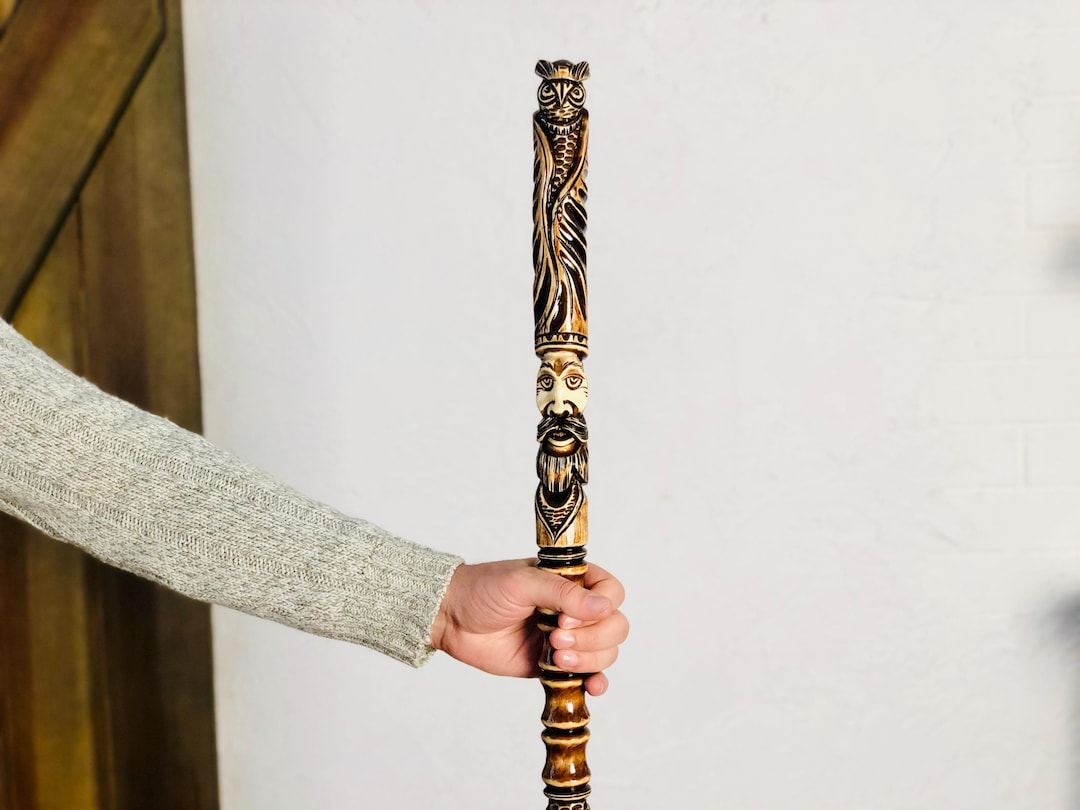 Rustic Pathways Staff Rustic Owl Wizard Staff – Hand Carved Wooden Mage Staff – Forest ...
