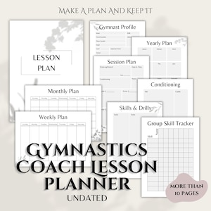 Pode incluir: Um planejador de aulas de ginástica para treinadores imprimível com um design floral preto e branco. O planejador inclui páginas para um perfil de ginasta, um plano anual, um plano de sessão, um plano mensal, um plano semanal, habilidades e exercícios, condicionamento e um rastreador de habilidades em grupo. O planejador tem o texto "Faça um plano e cumpra-o" e "Mais de 10 páginas".
