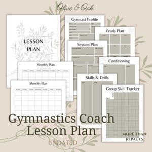 Op de afbeelding: Een verzameling printbare lesplanpagina's voor gymnastiekcoaches met illustraties van olijftakken. De set bevat sjablonen voor een turnersprofiel, sessieplan, jaarplan, maandplan, conditietraining, vaardigheden en oefeningen, en een groepsvoortgangstracker.