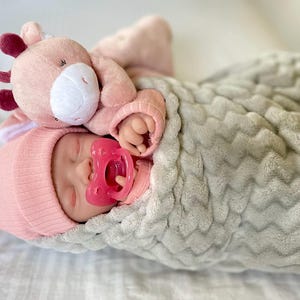 May include: A pink and white plush toy in the shape of a giraffe is held by a baby doll wearing a pink hat and a pink pacifier. The baby doll is wrapped in a gray and white blanket.