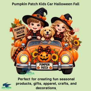 May include: A digital illustration of two children wearing witch hats and plaid shirts sitting in an orange car with a puppy. The car features a jack-o'-lantern, sunflowers, and a licence plate reading PUMPKIN PATCH. A wooden sign also says PUMPKIN PATCH.