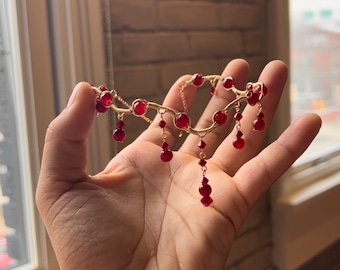 fairy grunge choker with red beads, ethereal fairycore choker style necklace, handmade jewelry