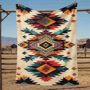 Könnte beinhalten: Eine rechteckige Decke mit einem geometrischen Design im Südwesten in den Farbtönen Creme, Schwarz, Orange, Türkis und Rot. Die Decke hängt an einer Wäscheleine mit ländlichem Hintergrund.