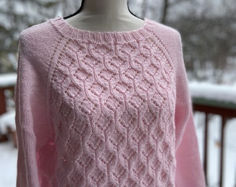 Hand knit lace raglan sweater, pink