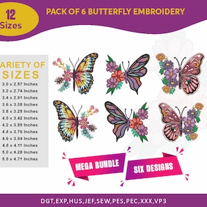 Op de afbeelding: Een set van 12 borduurmotieven met zes verschillende vlinderontwerpen met bloemmotieven. De vlinders zijn in verschillende maten, variërend van 7,62 x 6,53 cm tot 13,97 x 11,96 cm. De ontwerpen zijn beschikbaar in verschillende borduurbestandsformaten, waaronder DGT, EXP, HUS, JEF, SEW, PES, PEC, XXX en VP3.