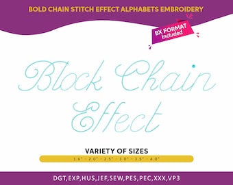 May include: A digital embroidery design for a block chain stitch effect alphabet. The design is available in multiple sizes from 1.6 inches to 4.0 inches. The design is available in the following formats: DGT, EXP, HUS, JEF, SEW, PES, PEC, XXX, VP3.