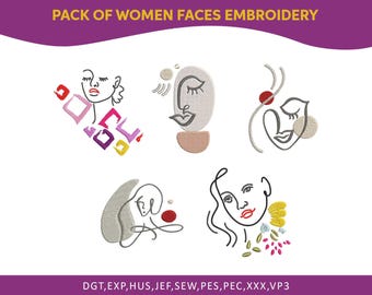 May include: A collection of five embroidery designs featuring abstract women's faces. Each design showcases a unique line art style with minimalist details and colorful accents. The text "PACK OF WOMEN FACES EMBROIDERY" is at the top.