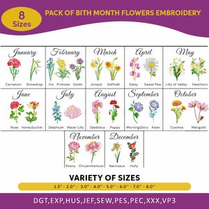 May include: A chart of birth month flowers with embroidery designs for each month. The chart includes the flower name and the month it represents. The chart is available in 8 sizes: 1.5", 2.0", 3.0", 4.0", 5.0", 6.0", 7.0", and 8.0". The chart is available in the following formats: DGT, EXP, HUS, JEF, SEW, PES, PEC, XXX, and VP3.