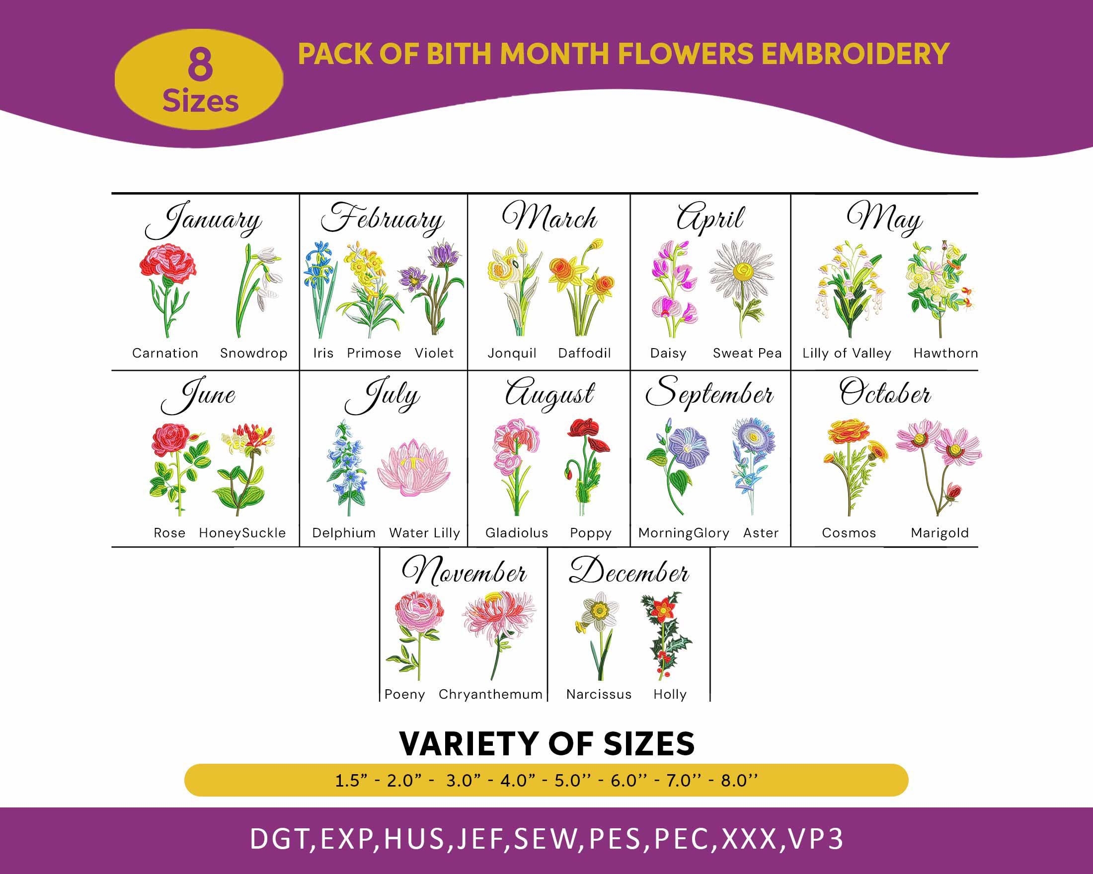 MEGA-Paket - 25 Geburtsblumen-Paket Maschinenstickerei, Stickerei 12 Monatsblumen, digitales Muster, 8 Größen, PES DST, Sofortiger Download