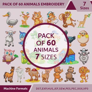 Puede incluir: Un paquete de 60 diseños de bordado de animales en 7 tamaños. Los diseños incluyen una variedad de animales, como una jirafa, una tortuga, un pájaro, un gato, un perro, una oveja, un león y un oso. Los diseños están disponibles en los siguientes formatos: DST, EXP, HUS, JEF, SEW, PES, PEC, XXX, VP3.