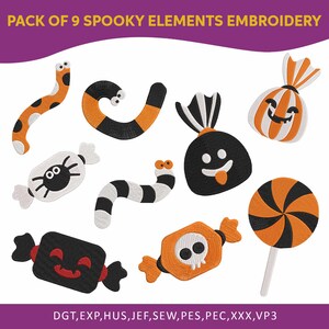 May include: A collection of nine Halloween-themed embroidery designs. The designs include a variety of spooky elements such as candy, worms, and a lollipop, in orange, black, and white. The text "PACK OF 9 SPOOKY ELEMENTS EMBROIDERY" is at the top.