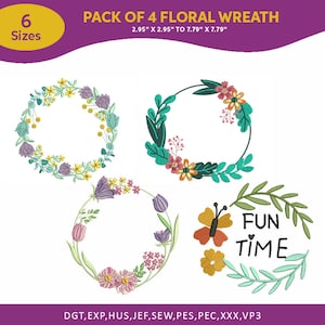 May include: A set of four floral wreath embroidery designs in six sizes, ranging from 7.5 cm to 19.8 cm. The wreaths feature a variety of colourful flowers and leaves, including purple, pink, yellow, and green. One wreath includes the text "FUN TIME" with a butterfly.
