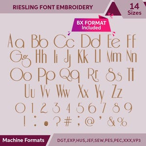 Può includere: Un font di ricamo digitale chiamato Riesling Font Embroidery in 14 dimensioni. Il font include lettere maiuscole e minuscole, numeri e segni di punteggiatura. Il font è disponibile in formato BX. I formati macchina includono DGT, EXP, HUS, JEF, SEW, PES, PEC, XXX e VP3.