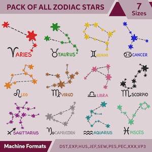12 znaków zodiaku projekt haftu, symbole horoskopu haft, astrologia haft, zestaw wzorów haftu maszynowego zodiak, 7 rozmiarów