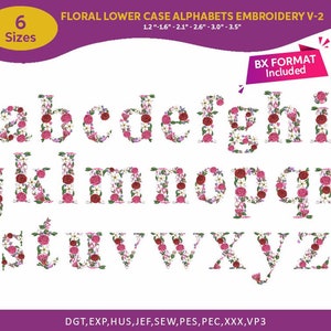 Bordado de máquina de fonte floral, desenhos de bordado de alfabeto de flores completas de A a Z, letras minúsculas, PES DST, formato BX, 6 tamanhos, download instantâneo