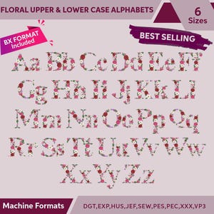 Floral Font Embroidery, A-Z Full Flower Alphabet Machine Embroidery Designs, Uppercase & Lowercase Letters, BX, 6 sizes -Instant Download